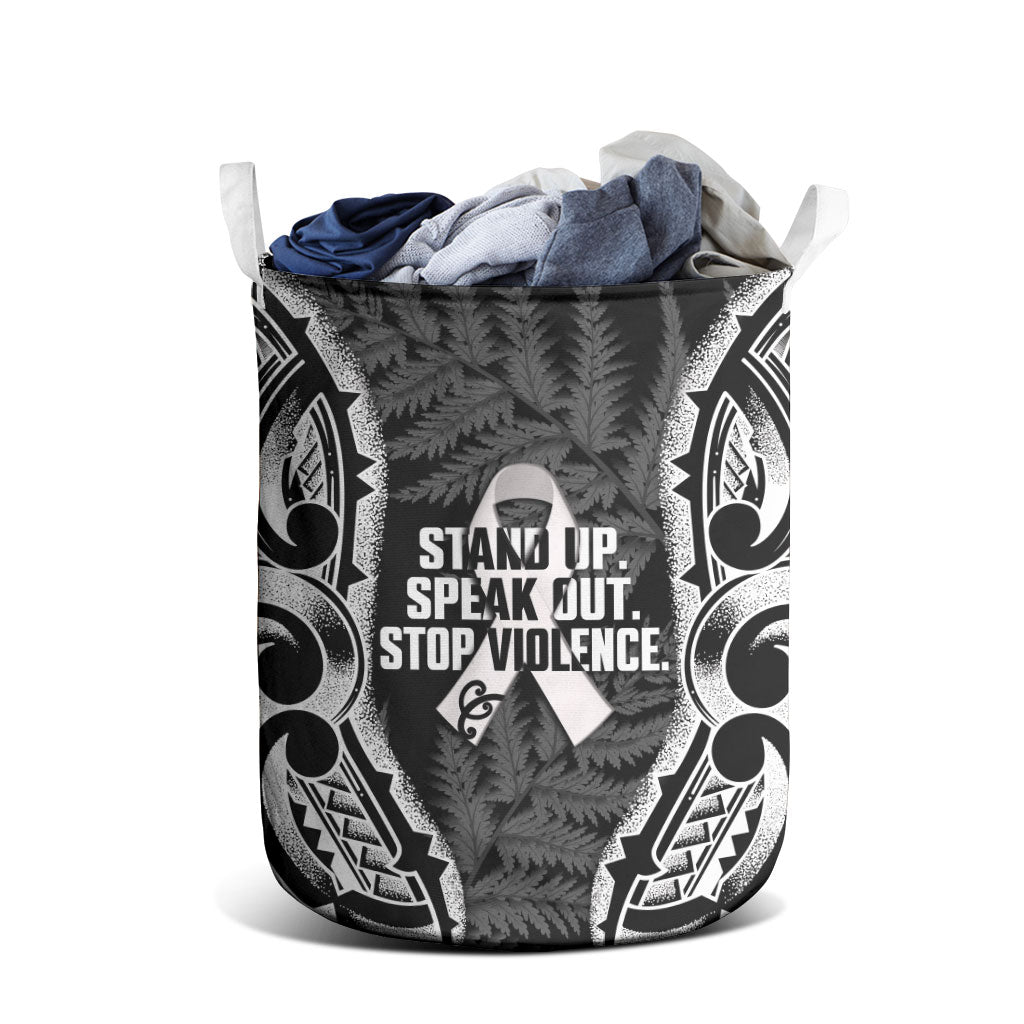 White Ribbon Day New Zealand Laundry Basket Respect Women Maori Pattern Black