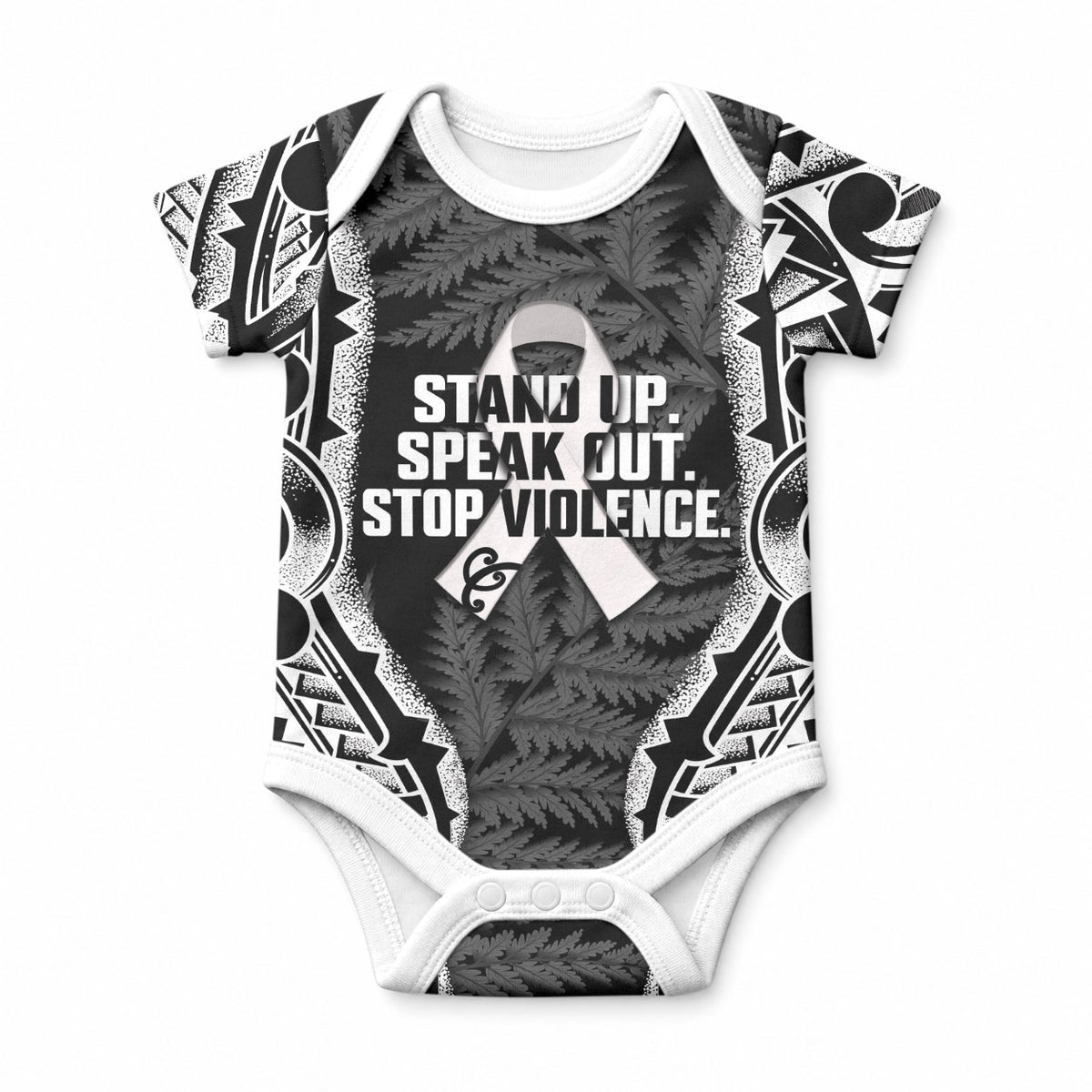 White Ribbon Day New Zealand Baby Onesie Respect Women Maori Pattern Black