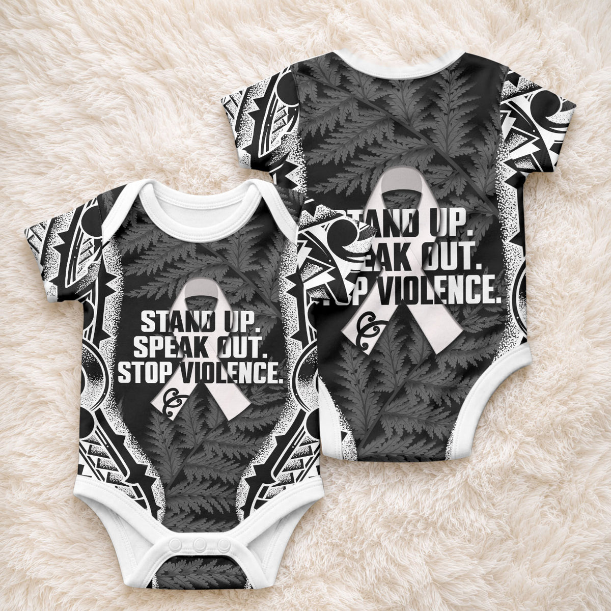 White Ribbon Day New Zealand Baby Onesie Respect Women Maori Pattern Black