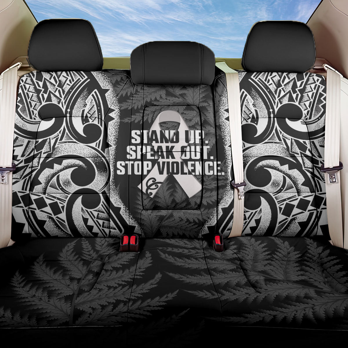 White Ribbon Day New Zealand Back Car Seat Cover Respect Women Maori Pattern Black
