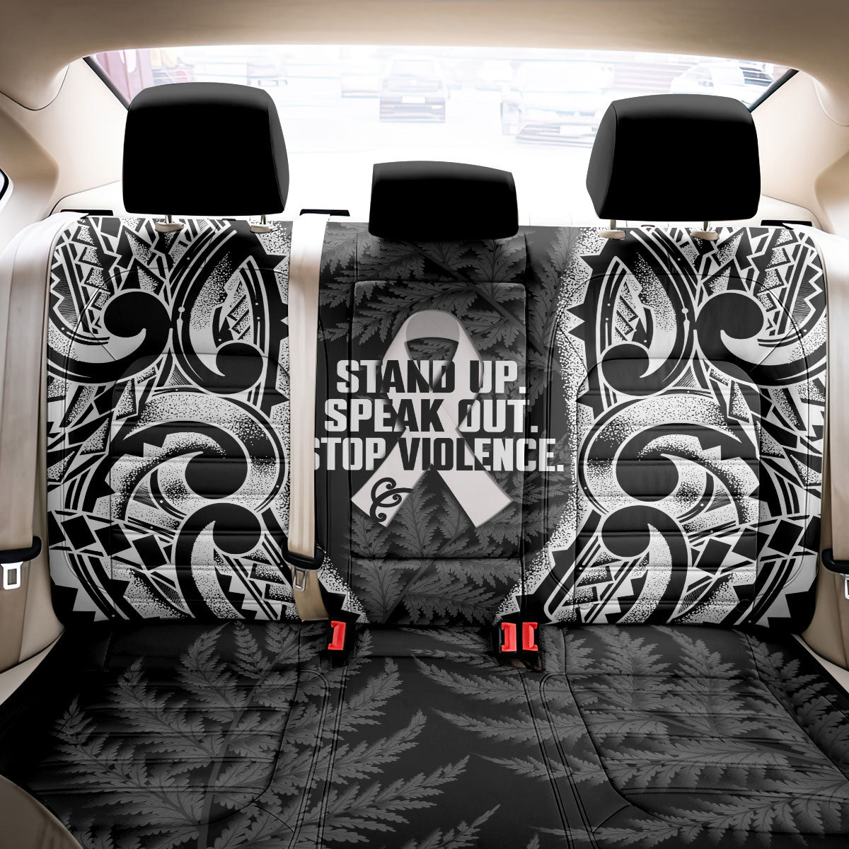White Ribbon Day New Zealand Back Car Seat Cover Respect Women Maori Pattern Black