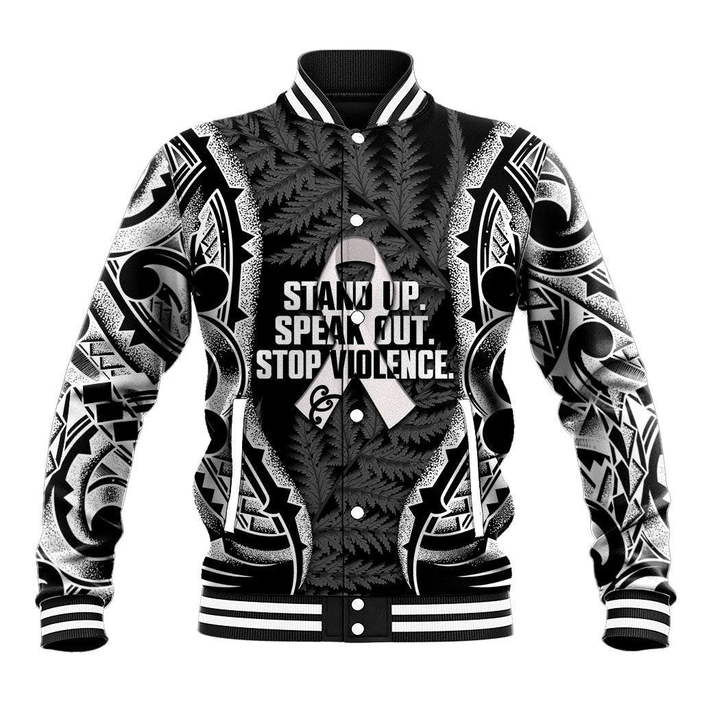 White Ribbon Day New Zealand Baseball Jacket Respect Women Maori Pattern Black