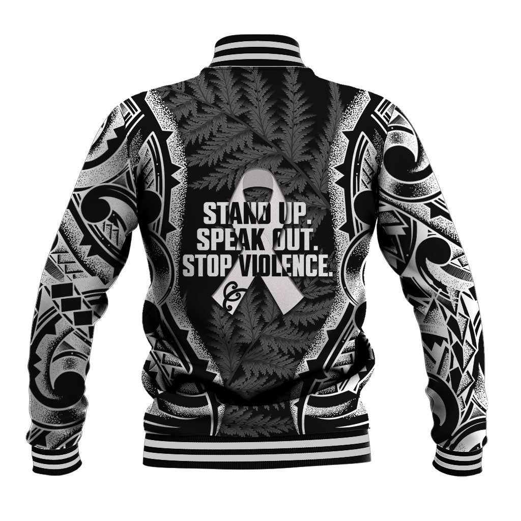 White Ribbon Day New Zealand Baseball Jacket Respect Women Maori Pattern Black