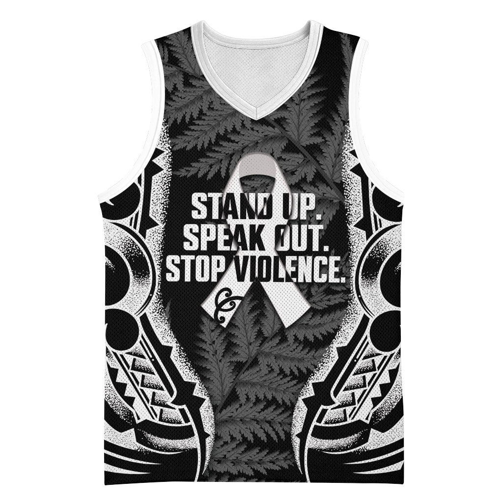 White Ribbon Day New Zealand Basketball Jersey Respect Women Maori Pattern Black