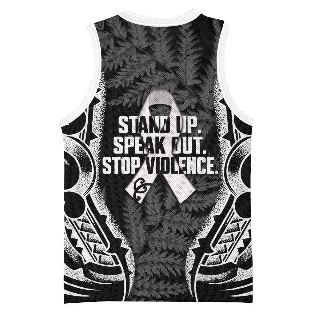 White Ribbon Day New Zealand Basketball Jersey Respect Women Maori Pattern Black