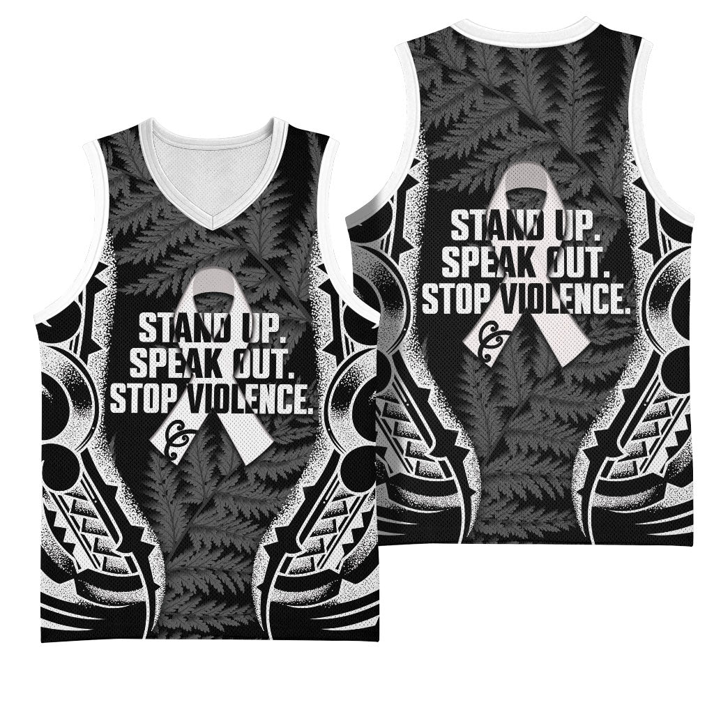 White Ribbon Day New Zealand Basketball Jersey Respect Women Maori Pattern Black