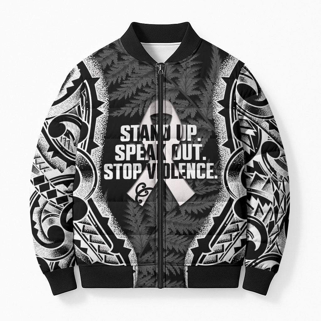 White Ribbon Day New Zealand Bomber Puffer Jacket Respect Women Maori Pattern Black