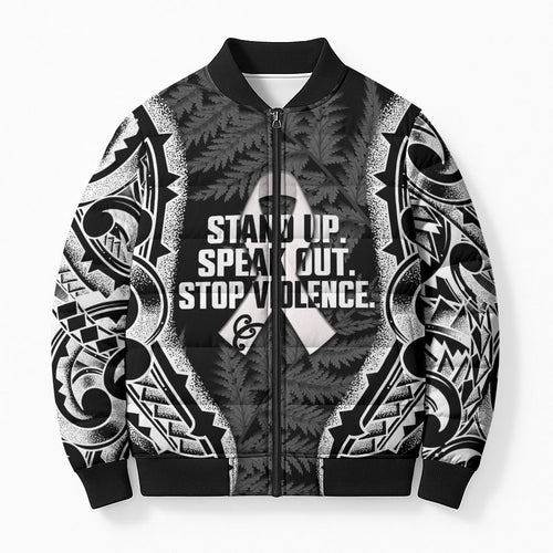 White Ribbon Day New Zealand Bomber Puffer Jacket Respect Women Maori Pattern Black