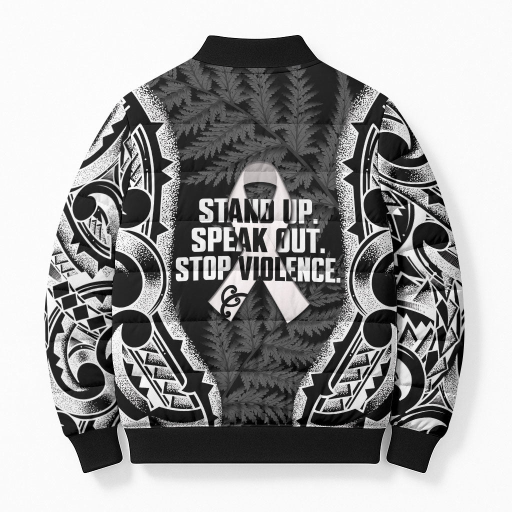 White Ribbon Day New Zealand Bomber Puffer Jacket Respect Women Maori Pattern Black