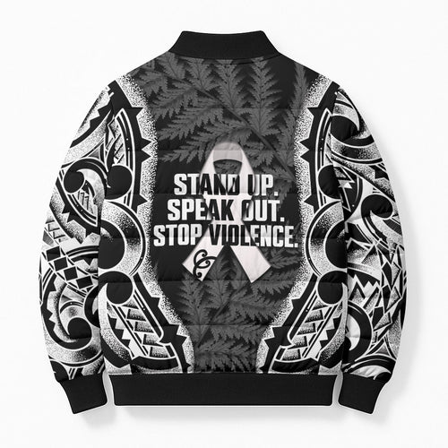 White Ribbon Day New Zealand Bomber Puffer Jacket Respect Women Maori Pattern Black