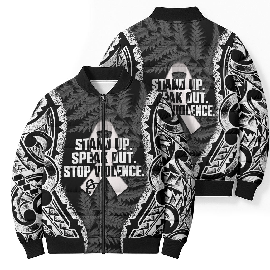 White Ribbon Day New Zealand Bomber Puffer Jacket Respect Women Maori Pattern Black
