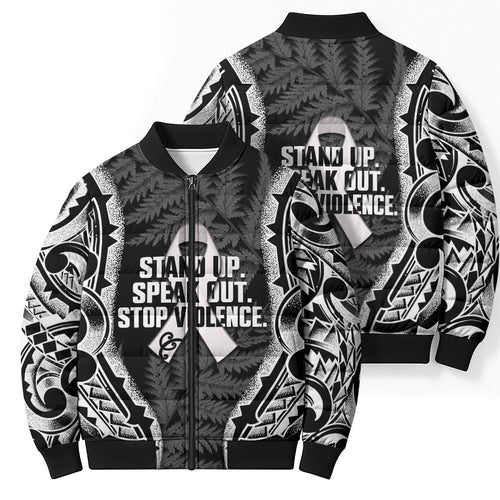 White Ribbon Day New Zealand Bomber Puffer Jacket Respect Women Maori Pattern Black