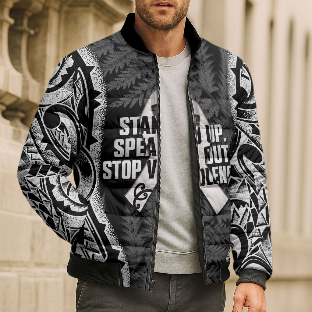 White Ribbon Day New Zealand Bomber Puffer Jacket Respect Women Maori Pattern Black