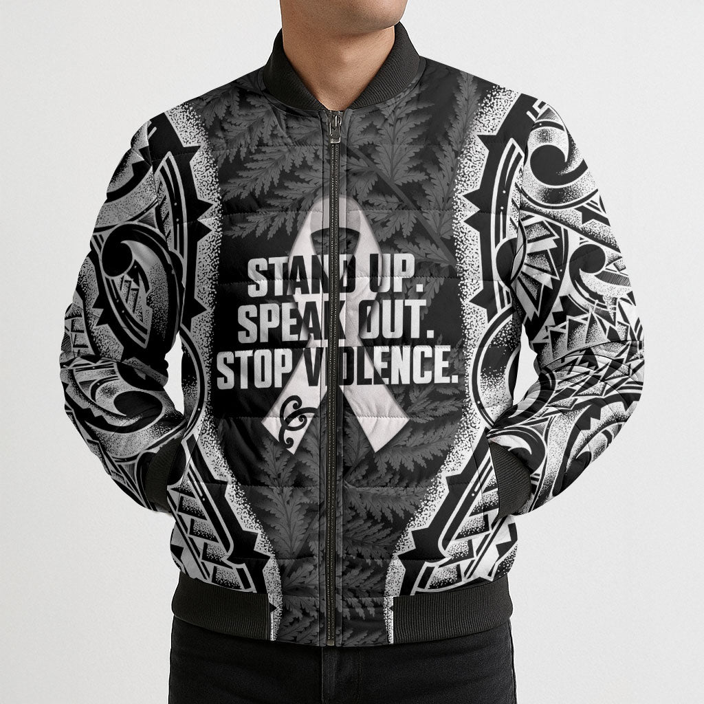 White Ribbon Day New Zealand Bomber Puffer Jacket Respect Women Maori Pattern Black