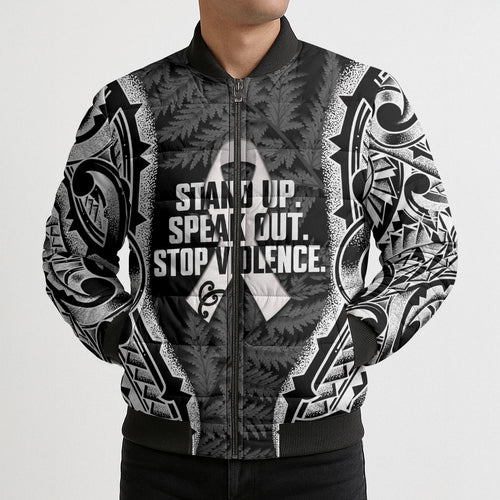 White Ribbon Day New Zealand Bomber Puffer Jacket Respect Women Maori Pattern Black