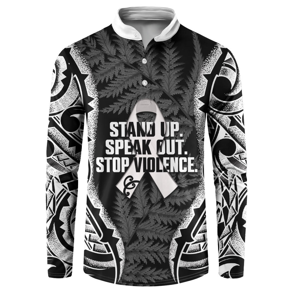 White Ribbon Day New Zealand Button Sweatshirt Respect Women Maori Pattern Black