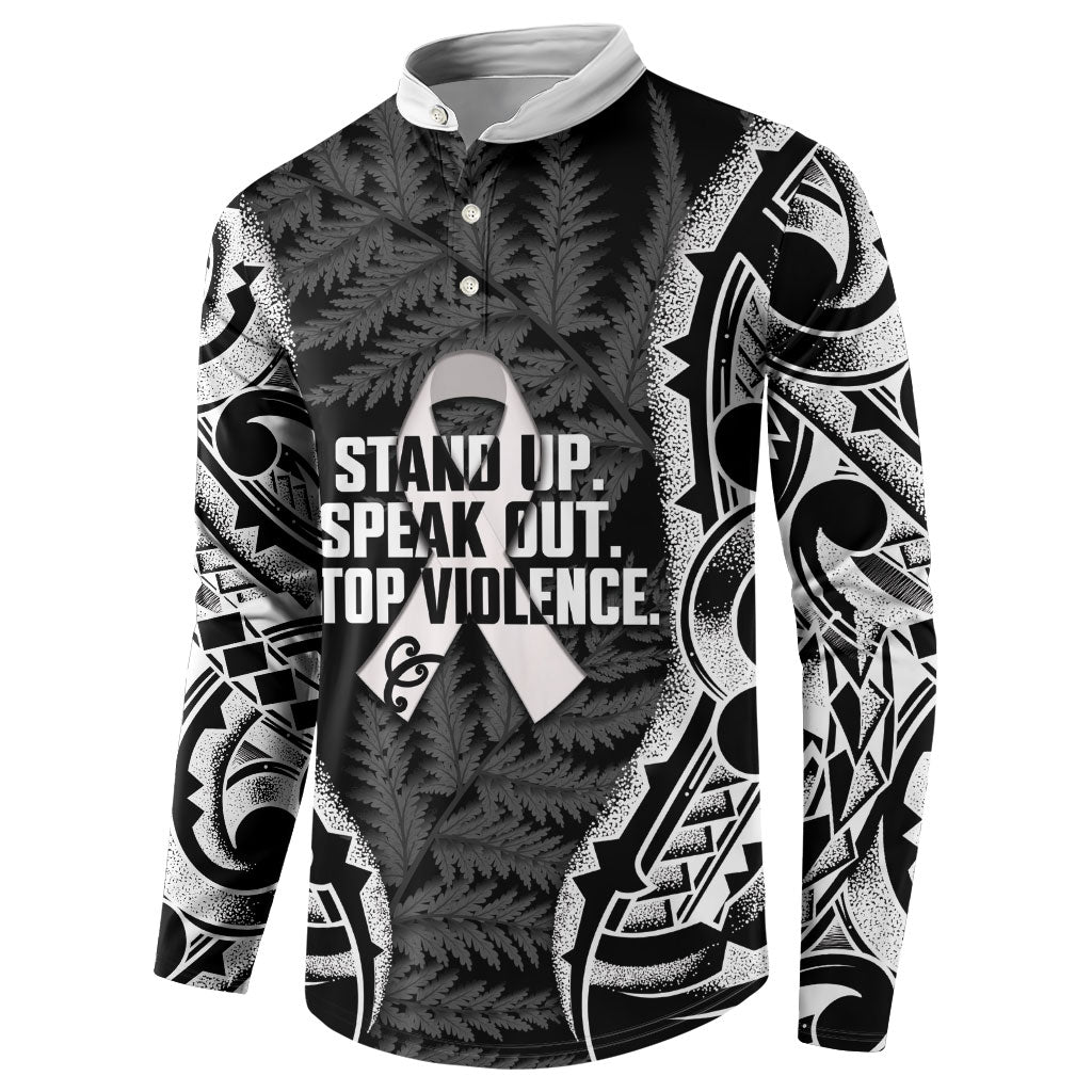 White Ribbon Day New Zealand Button Sweatshirt Respect Women Maori Pattern Black