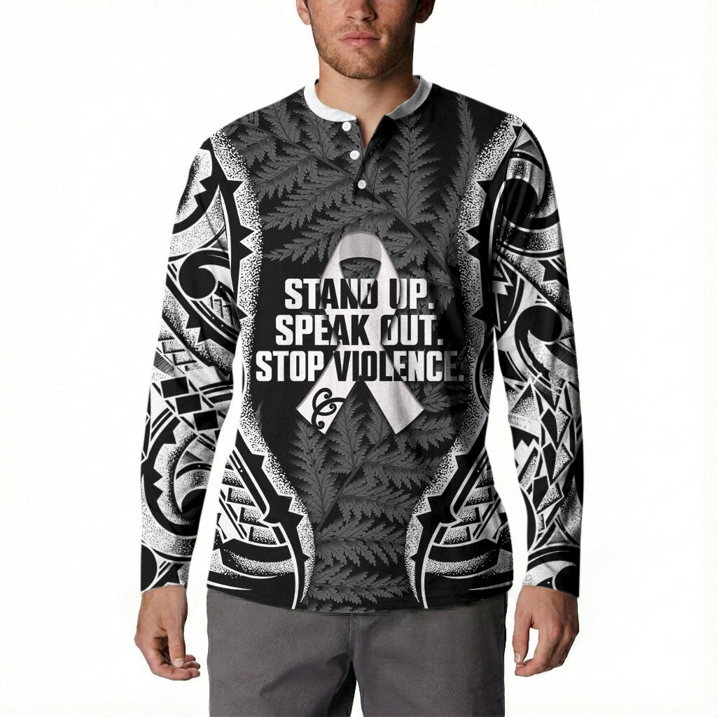 White Ribbon Day New Zealand Button Sweatshirt Respect Women Maori Pattern Black