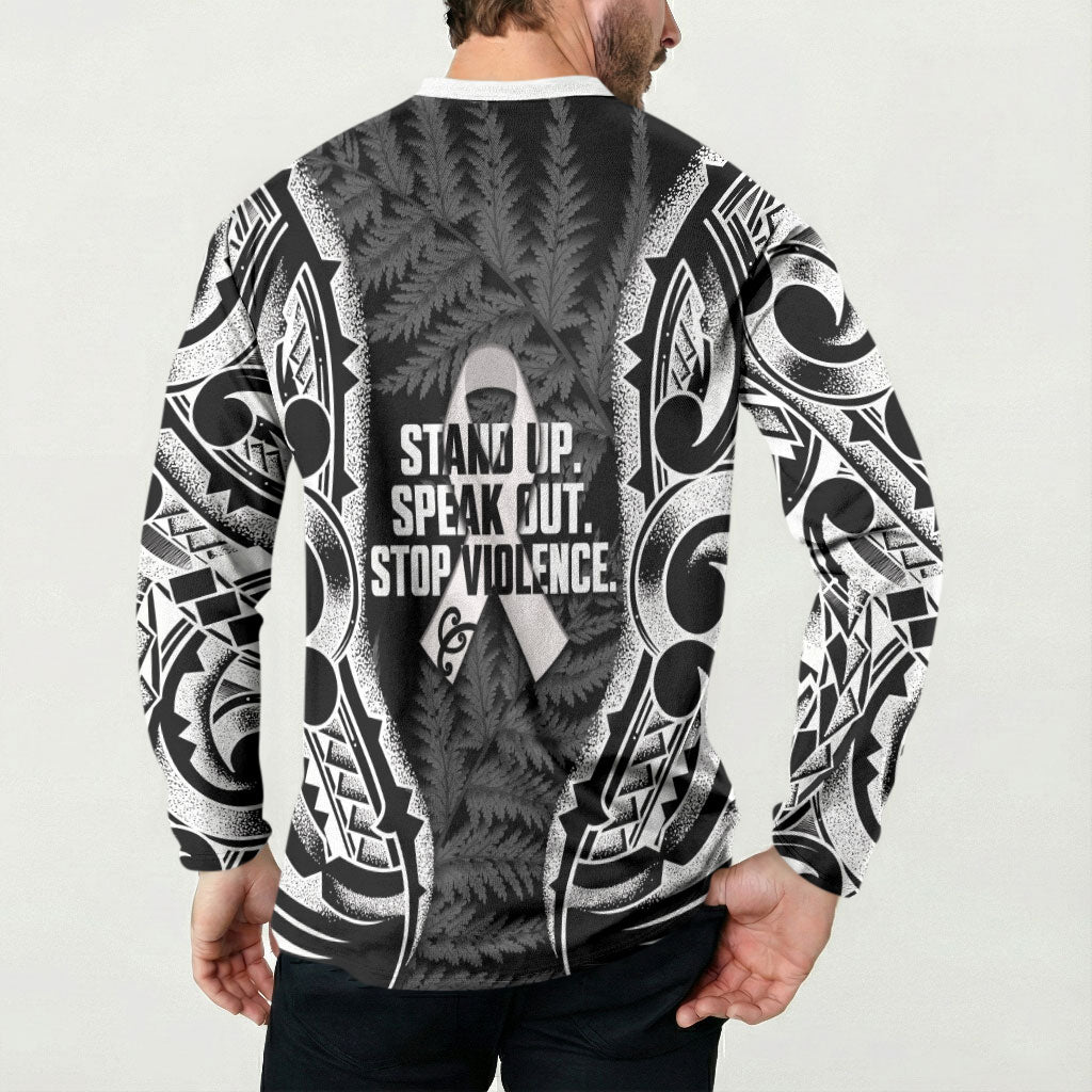 White Ribbon Day New Zealand Button Sweatshirt Respect Women Maori Pattern Black