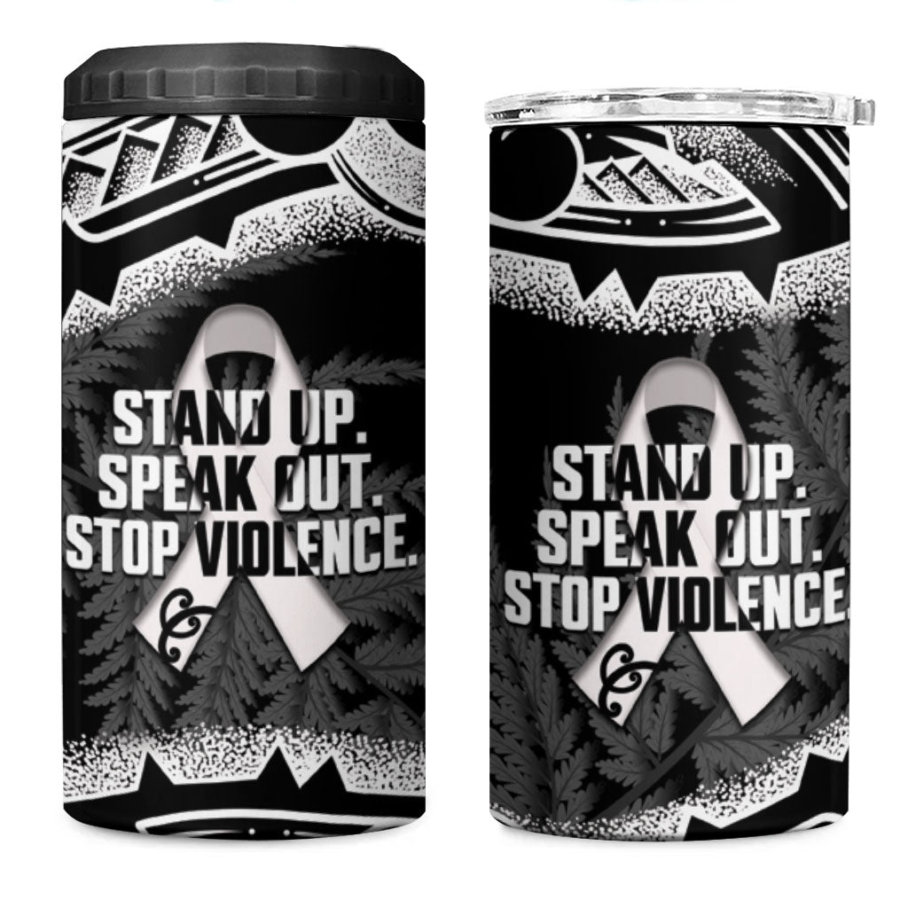 White Ribbon Day New Zealand 4 in 1 Can Cooler Tumbler Respect Women Maori Pattern Black