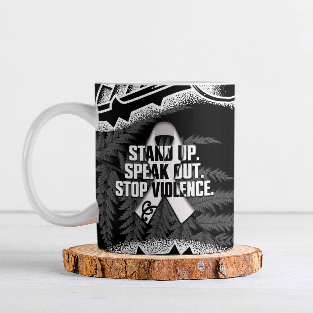 White Ribbon Day New Zealand Ceramic Mug Respect Women Maori Pattern Black