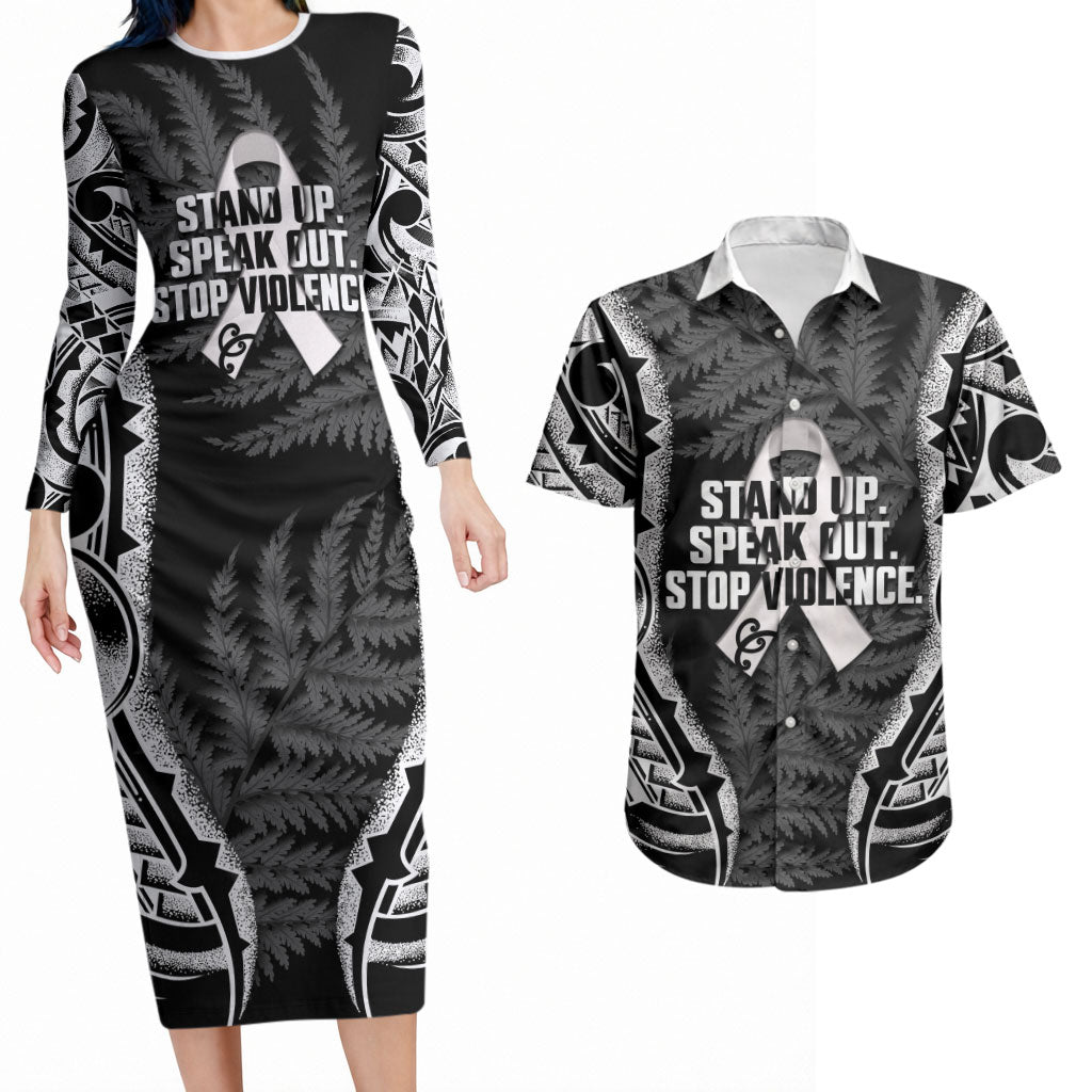 White Ribbon Day New Zealand Couples Matching Long Sleeve Bodycon Dress and Hawaiian Shirt Respect Women Maori Pattern Black