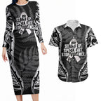 White Ribbon Day New Zealand Couples Matching Long Sleeve Bodycon Dress and Hawaiian Shirt Respect Women Maori Pattern Black