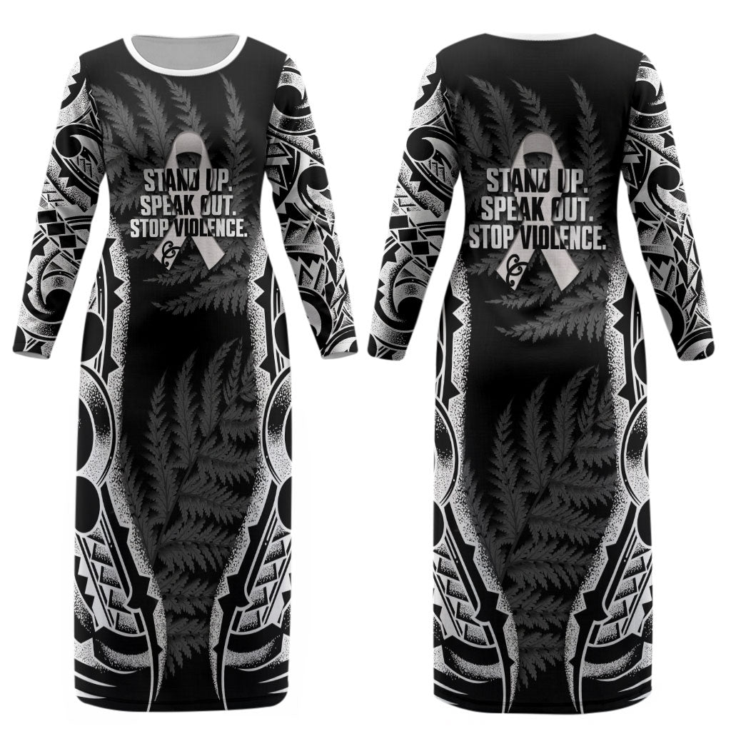 White Ribbon Day New Zealand Couples Matching Long Sleeve Bodycon Dress and Hawaiian Shirt Respect Women Maori Pattern Black