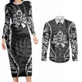 White Ribbon Day New Zealand Couples Matching Long Sleeve Bodycon Dress and Long Sleeve Button Shirt Respect Women Maori Pattern Black