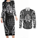 White Ribbon Day New Zealand Couples Matching Long Sleeve Bodycon Dress and Long Sleeve Button Shirt Respect Women Maori Pattern Black