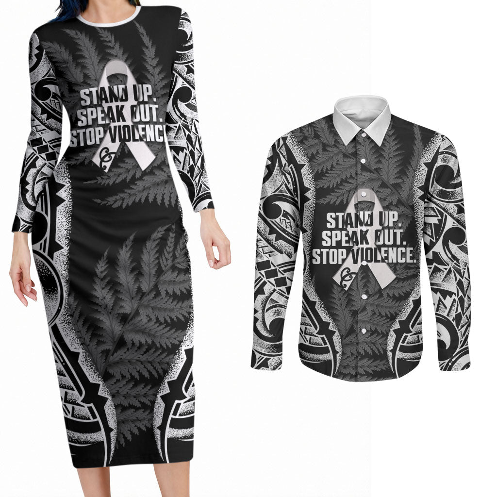 White Ribbon Day New Zealand Couples Matching Long Sleeve Bodycon Dress and Long Sleeve Button Shirt Respect Women Maori Pattern Black
