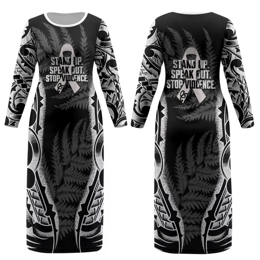 White Ribbon Day New Zealand Couples Matching Long Sleeve Bodycon Dress and Long Sleeve Button Shirt Respect Women Maori Pattern Black