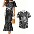 White Ribbon Day New Zealand Couples Matching Mermaid Dress and Hawaiian Shirt Respect Women Maori Pattern Black