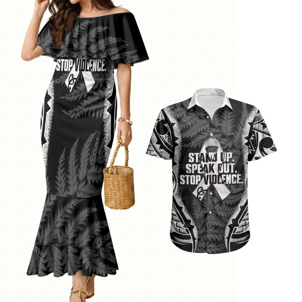 White Ribbon Day New Zealand Couples Matching Mermaid Dress and Hawaiian Shirt Respect Women Maori Pattern Black