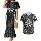 White Ribbon Day New Zealand Couples Matching Mermaid Dress and Hawaiian Shirt Respect Women Maori Pattern Black