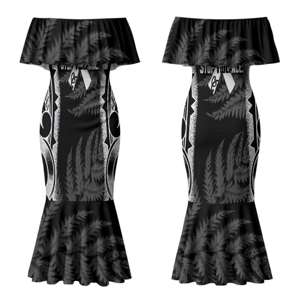 White Ribbon Day New Zealand Couples Matching Mermaid Dress and Hawaiian Shirt Respect Women Maori Pattern Black