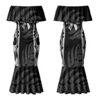White Ribbon Day New Zealand Couples Matching Mermaid Dress and Hawaiian Shirt Respect Women Maori Pattern Black