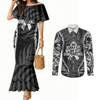 White Ribbon Day New Zealand Couples Matching Mermaid Dress and Long Sleeve Button Shirt Respect Women Maori Pattern Black