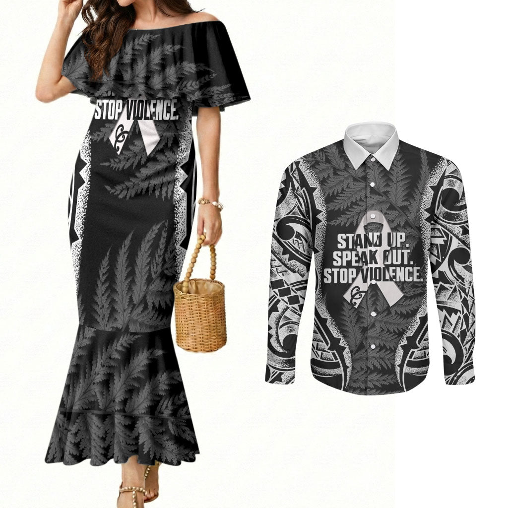 White Ribbon Day New Zealand Couples Matching Mermaid Dress and Long Sleeve Button Shirt Respect Women Maori Pattern Black