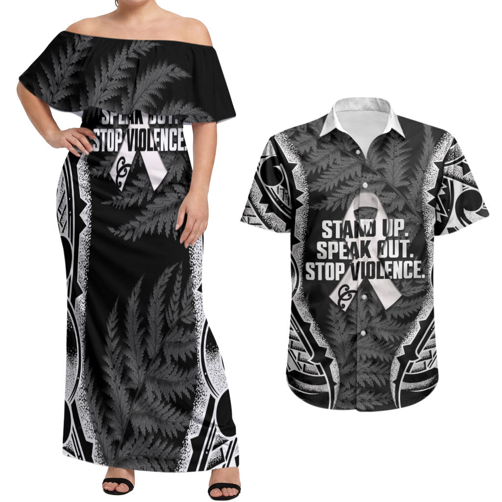 White Ribbon Day New Zealand Couples Matching Off Shoulder Maxi Dress and Hawaiian Shirt Respect Women Maori Pattern Black