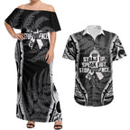 White Ribbon Day New Zealand Couples Matching Off Shoulder Maxi Dress and Hawaiian Shirt Respect Women Maori Pattern Black