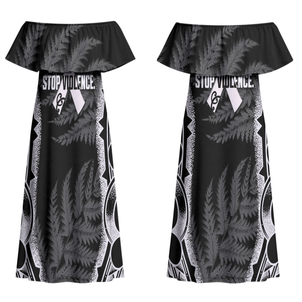 White Ribbon Day New Zealand Couples Matching Off Shoulder Maxi Dress and Hawaiian Shirt Respect Women Maori Pattern Black