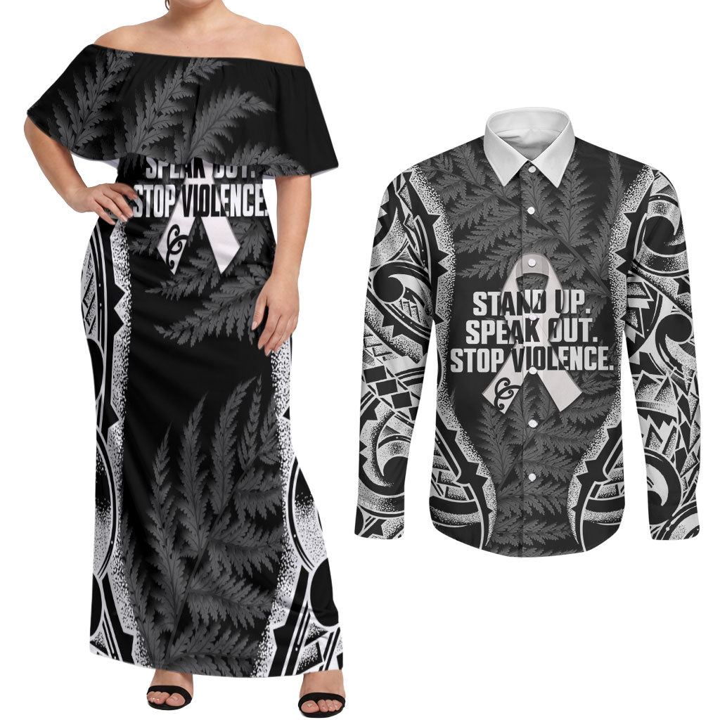 White Ribbon Day New Zealand Couples Matching Off Shoulder Maxi Dress and Long Sleeve Button Shirt Respect Women Maori Pattern Black