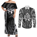 White Ribbon Day New Zealand Couples Matching Off Shoulder Maxi Dress and Long Sleeve Button Shirt Respect Women Maori Pattern Black