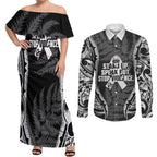 White Ribbon Day New Zealand Couples Matching Off Shoulder Maxi Dress and Long Sleeve Button Shirt Respect Women Maori Pattern Black