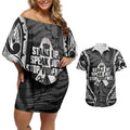 White Ribbon Day New Zealand Couples Matching Off Shoulder Short Dress and Hawaiian Shirt Respect Women Maori Pattern Black