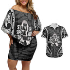 White Ribbon Day New Zealand Couples Matching Off Shoulder Short Dress and Hawaiian Shirt Respect Women Maori Pattern Black