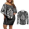 White Ribbon Day New Zealand Couples Matching Off Shoulder Short Dress and Long Sleeve Button Shirt Respect Women Maori Pattern Black