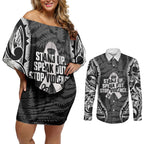 White Ribbon Day New Zealand Couples Matching Off Shoulder Short Dress and Long Sleeve Button Shirt Respect Women Maori Pattern Black