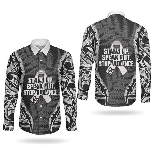 White Ribbon Day New Zealand Couples Matching Off Shoulder Short Dress and Long Sleeve Button Shirt Respect Women Maori Pattern Black